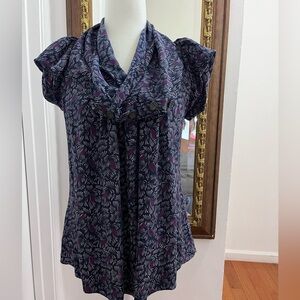 Odille Blue and White Ruffled Flutter Sleeve Blouse